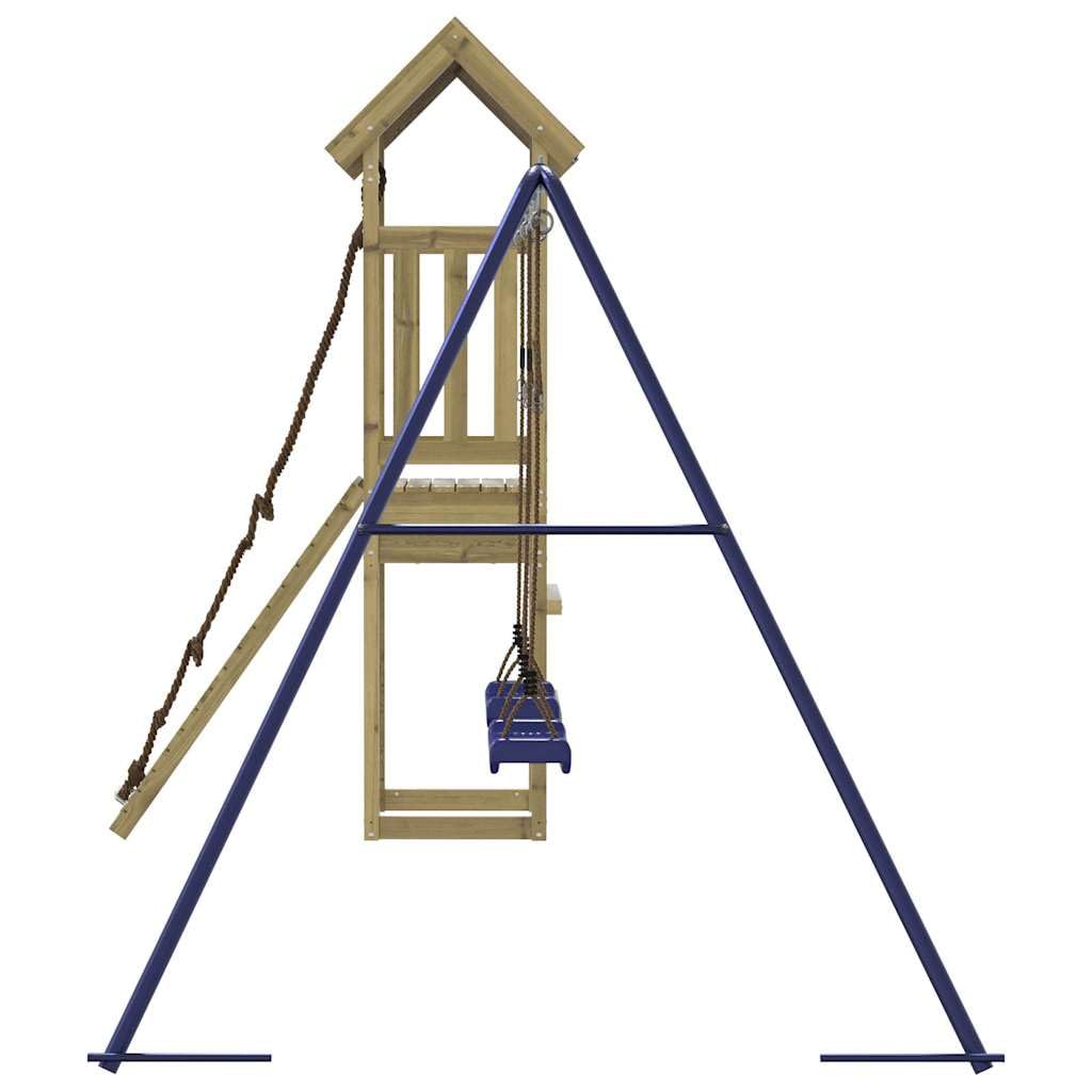 Torre de juego de madera de pino impregnada con columpio y estructura de escalada para jardín, casa de juegos al aire libre con caja de arena, tobogán y cuerda, dispositivo de juegos robusto