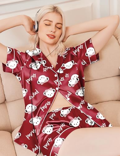 Image of Ekouaer Silk Pajamas for Women Funny Teddy Sleepwear Comfy Short Sleeve Button Down Loungewear Satin Pjs Shorts Set,Wine,L