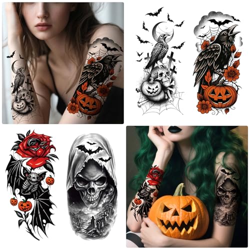 Image of 77 PCS Halloween Temporary Tattoos Adult Kids, 17 PCS Half Arm Pumpkin Bat Crow Witch Skull Fake Tattoos, 60 PCS Spider Cat Ghost Scar Tiny Realistic Face Body Tattoos Stickers for Halloween Costume