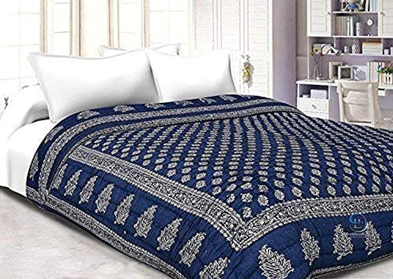 MITUL Home Fashion 300 GSM Cotton Soft Jaipuri Razai Traditional Print Single Bed Winter Heavy Quilt Ac Blanket Rajai Comforter (Multicolor Lightweight & Breathable) (Blue DI Gold, Double Bed)