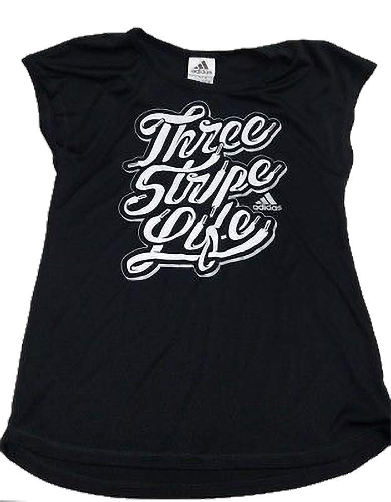 adidas Girl's Three Stripe Life Script Graphic Muscle Tee, Black (Medium (10/12))