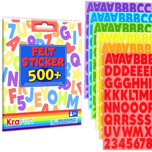 KRAFUN Felt Sticker Kit for Beginner Toddlers, Kids Arts & Crafts, Pack of 500 Assorted Scrapbook Stickers Alphabets, Numbers, Fun Shapes, Preschool, Children Early Learning, self Adhesive