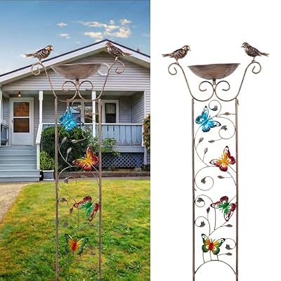 Vintage Butterfly Bird Bath Trellis & Bird Feeder with Metal Stake - 7.2" Cast Iron Bird Bath Bowl for Outdoor Garden Decor
