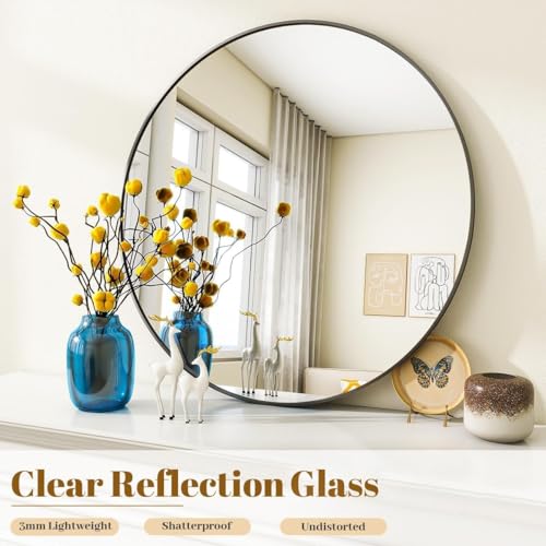 Image of VooBang Large Black Round Bathroom Mirror, 48 inch Circle Wall Mounted Hanging Mirror with Simple Modern Circular Metal Frame for Hallway, Entryway, Living Room, Black Frame