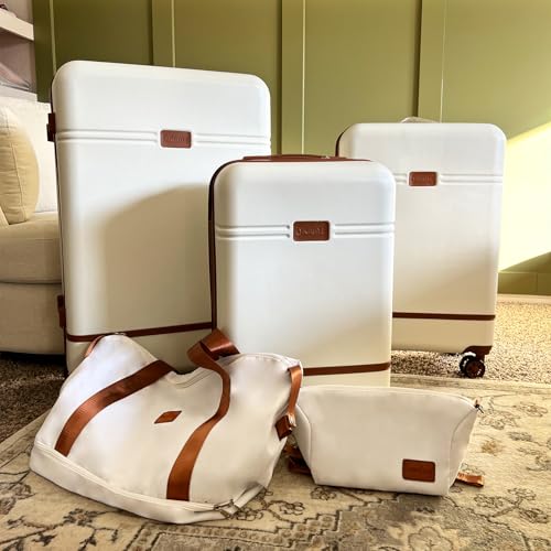 Krute Carry On Luggage Sets 3 Pieces Suitcase Set Hard Shell PC+ABS Airline Approved Suitcases with Spinner Wheels TSA Approved 20 Inch Luggage (WhiteBrown)3