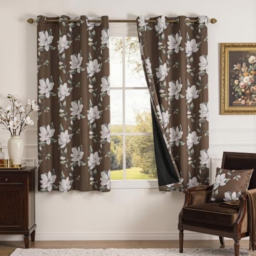 Image of MYSKY HOME Floral 95% Blackout Curtains 54 Inch Long 2 Panels Set for Kitchen White Flower Printed Thermal Insulated Light Blocking Black Out Grommet Window Treatments, 52 inch W Each Panel, Brown