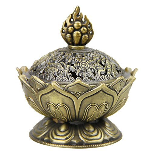 Brûle-Encens Lotus Encensoir Vintage Mini Brûleur d'Encens Bouddha en Alliage Bronze Brûleur à Arôme Support Poêle Bol Boîte Fumée d'Encens Cadeaux d'Anniversaire/Noël Décoration de Bureau et Maison Cover