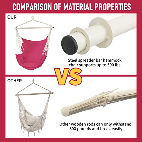 Dekool Hammock Chair Hanging Rope Swing, Detachable Steel Support Bar, Max 330 Lbs, Soft Durable Cotton Canvas, 1 Cushion And Hanging Hardware Included, For Indoor Outdoor, Pink #TOP2