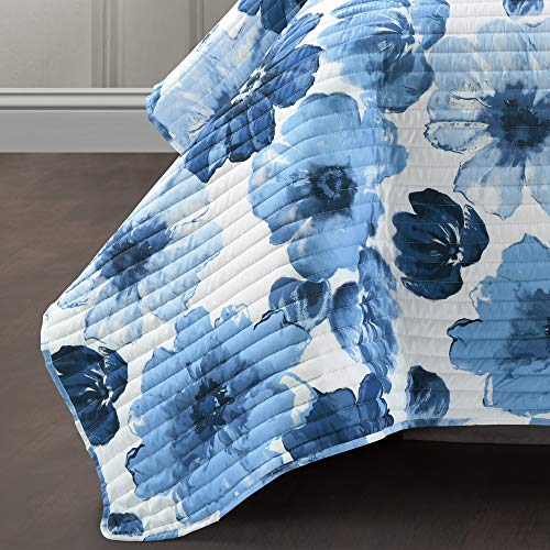 Image of Lush Decor Leah Reversible Floral Quilt Set, 3 Piece Set, King, Navy & White - Watercolor Botanical - Cottage Core - French Country Decor- Bedding Queen Size