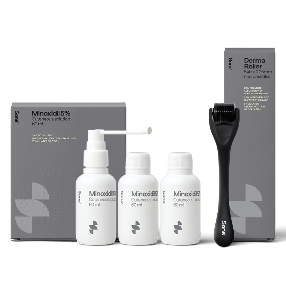 Sons Minoxidil 5% Spray (3x60ml) & 0.25mm Dermaroller for Men, Clinically Proven Hair Regrowth Formula, Hair Loss Treatment, Stimulates Follicles, Precise Applicator, Microneedling Boosts AbsorptionSons Minoxidil 5% Spray (3x60ml) & 0.25mm Der…