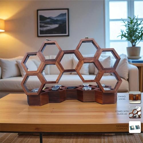 Image of Vintage Wooden Watch Box for Men, Timepiece Display Case, Honeycomb Watch Storage & Organizer, Jewlery Box for Women, Anniversary Gift For Husband (9 Compartments)