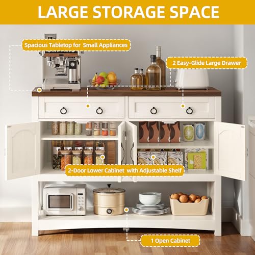 DWVO 47.2" Buffet Sideboard Cabinet with Storage, Farmhouse Coffee Bar Cabinet w/2 Drawers, Wood 4-Doors Console Table with Adjustable Shelves for Kitchen, Dining Room, Living Room, Entryway (White)