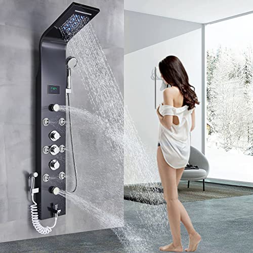 Sistema de columna de ducha LED de acero inoxidable, con rociador de lluvia, cascada y boquillas de masaje, columna de ducha negra miniatura 1