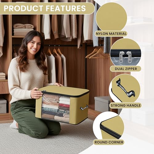 Image of Storite 2 Pack Nylon Wardrobe Bag Underbed Moisture Proof Cloth Storage Organizer, Storage box for Clothes Saree Bags with Zippered Closure & Handle (Khaki,38x34.5x22 cm)