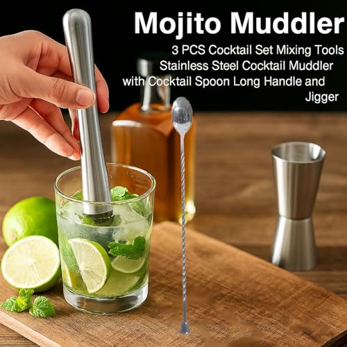 Image of finality Mojito Muddler Bar Tool Set, 3 PCS Cocktail Set Mixing Tools Stainless Steel Cocktail Muddler with Cocktail Spoon Long Handle and Jigger for Mojitos Fruit Drinks (Stirrer Spoon Set)