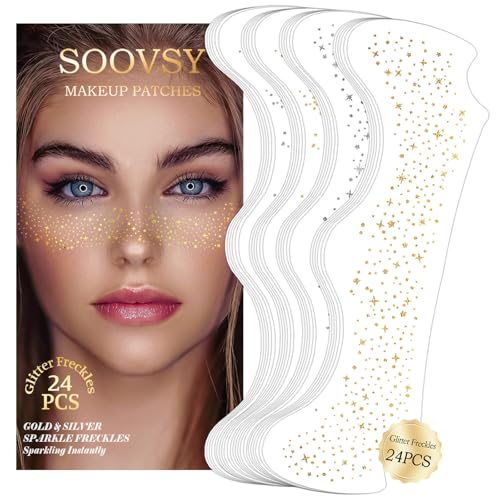 24pcs Gold and Silver Glitter Freckles Face, Sparkle Freckles, Glow Up Makeup Patches, Face Glitter Makeup Speckles, Waterproof Long Lasting Cosmetic, Makeup Accessories for Women(24pcs Gold Silver)