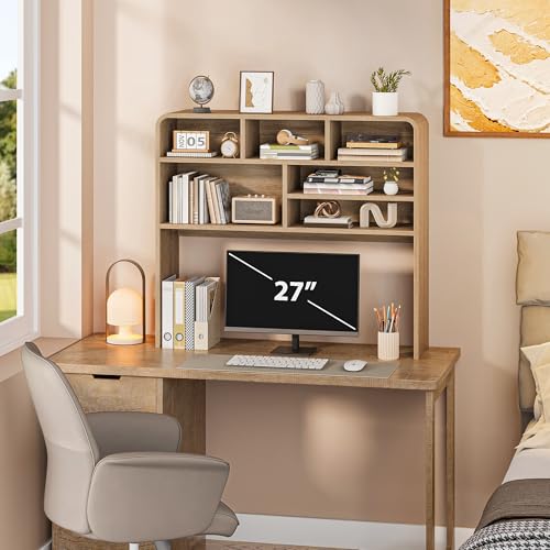 Image of 5-Tier Desk Shelf, 37.4''W Desktop Bookshelf for Computer Monitor, Desktop Organizer Shelf Storage Rack with 6 Cubbies, 5-Level Desk Hutch Display Rack for Home, Office, Dorm, Vanity, Natural