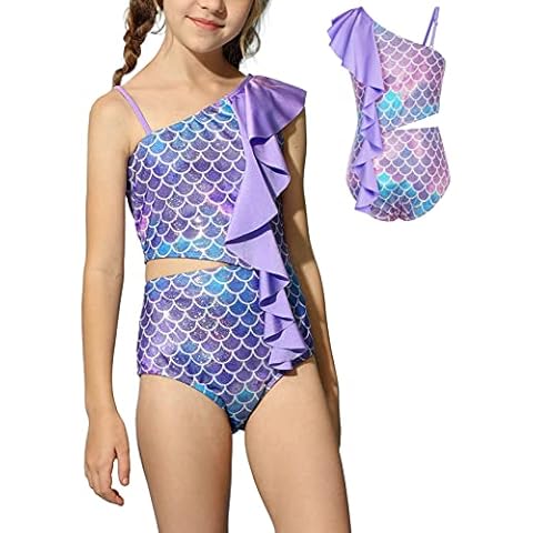 Danna Belle Girls One Piece Swimsuits Ruffle Swimwear Beach Bathing Suit 5-12 Years, Purple Mermaid, 10 Years Cover