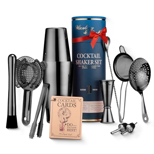 Mixology & Craft Cocktail Shaker Set: 11-Piece Weighted Boston Shaker Kit | Complete Cocktail Kit Gift Set | Top Bartender Gifts for Men & Women (Black)