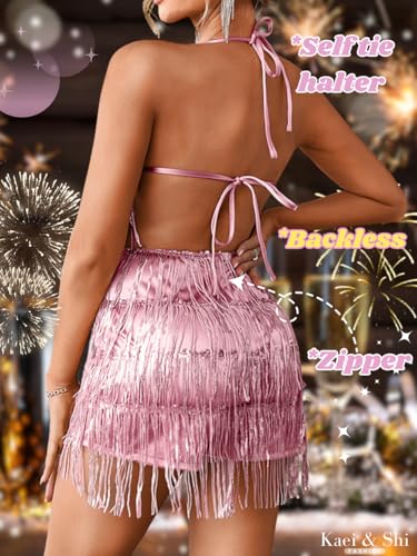 Image of Kaei&Shi Sequin Fringe Romper,Sparkly Glitter Metallic Jumpsuits For Women,Backless Shorts Dress Disco Birthday Dance Outfit