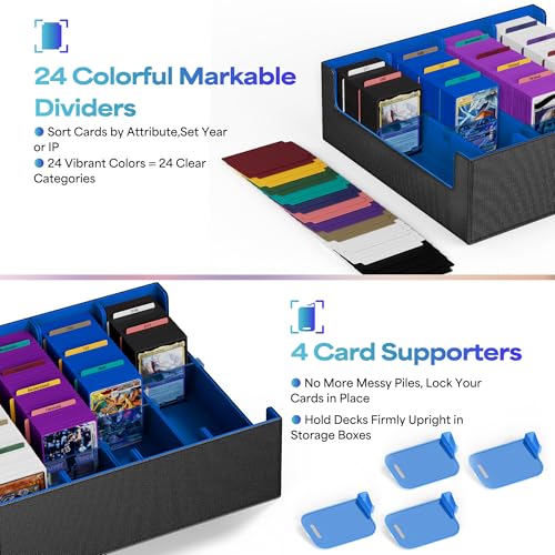 Image of UAONO Trading Card Storage Box, Holds 2400 Sleeved Cards with 24 Dividers & 4 Stoppers, Magnetic Closure PU Leather Card Case for MTG, PTCG, YGO, Sports Cards (Black&Blue)