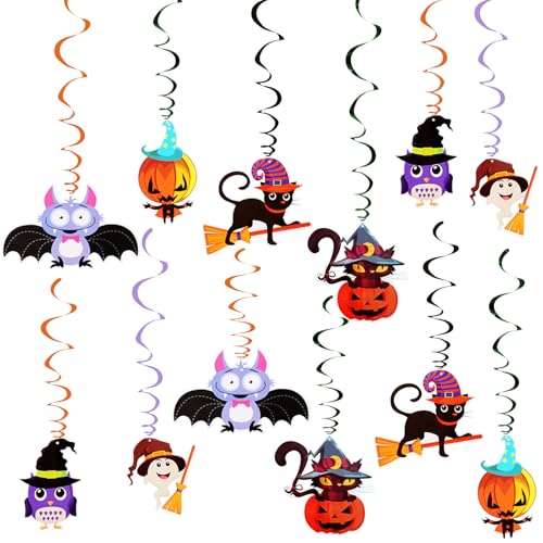 Image of 12 Pcs Halloween Hanging Swirl Decorations, Hanging Spiral Garlands Ceiling Streamers Decor, Bat Black Cat Witch Ghost Hat Pumpkin Owl Spiral Garlands, Halloween Theme Party Indoor Decorations