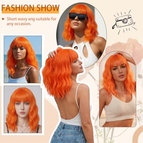 Image of Pastel Bright Orange Wavy Bob Wig for Women, Short Shoulder Length Synthetic Wig with Bangs, Matte Natural Realistic Look Lightweight Hairpiece, Orange Color for Gift & Cosplay Costume