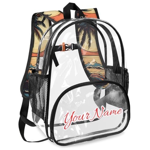 Personalized Large Clear Backpack Stadium Approved Heavy Duty PVC Plastic Custom Ocean Transparent Backpacks See Through Bag with Name, Palm Trees Beach Summer2