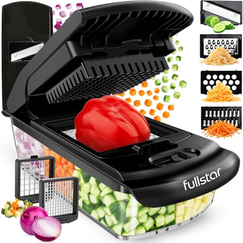 Fullstar Coupe Légumes Multifonctions et Mandoline - Trancheur ou Découpe Cube Oignons Carottes Concombres Frites Fruits - Rapeuse Légume et Fromage -...