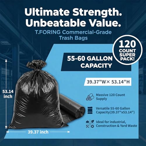 Image of 55-60 Gallon Trash Bags Unscented, 40'' x 53'', Black, 120 Count | Huge 50+ Gal Garbage Can Liner,Fit 206 - 225 Liter Bins,Multipurpose for Construction Industrial Yard Outdoor Commercial Bulk