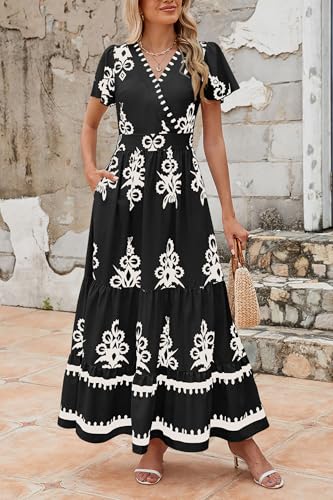 Image of PRETTYGARDEN Womens 2026 Summer Casual V Neck Boho Maxi Dress Flowy Aline Bell Sleeve Tiered Floral Dresses with Pocket