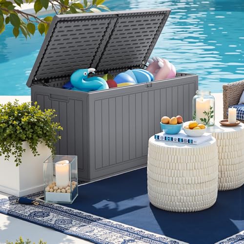 Image of Greesum 260 Gallon HDPE Outdoor Storage Box - Waterproof, Large Capacity Deck Box with Removable Dividers for Patio, Yard, Garden Tools, Light Grey