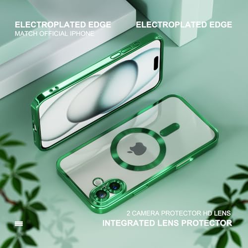 Image of Misea Magnetic for iPhone 16 Case Compatible with MagSafe Green | [Never Yellowing] [Military Drop Protection] Full Camera Lens Protector Plating Soft Clear Phone Case for Women, Green