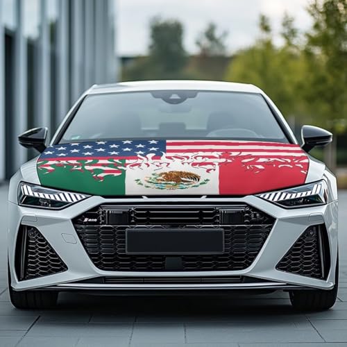 Image of Hood Cover Protector for Car, Stretchable Auto Hood Wrap Blankets, USA and Mexico Flag Design, Waterproof Automotive Accessories for SUV Sedans Trucks (59x39 inches)