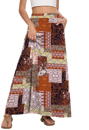 Image of Womens Maxi A-line Long Skirt Casual 2026 Elastic High Waist Flowy Skirts with Pockets