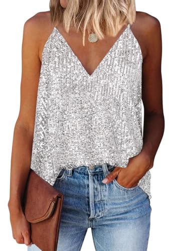 EUDOLAH Sequin Tops for Women Sparkle Camisole Shimmer Sleeveless V Neck Tanks Sexy Party Cami Going Out Outfits
