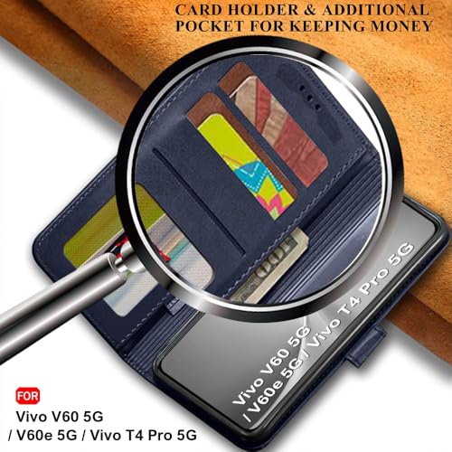Image of TheGiftKart Genuine Leather Finish Flip Back Cover Case for Vivo V60 5G / V60e 5G / Vivo T4 Pro 5G | Inbuilt Pockets & Stand | Wallet Style | Designer Button Magnet Flip Cover (Faux Leather, Blue)