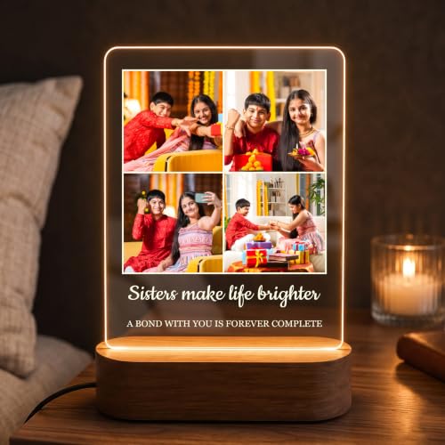 Image of Giftplease Personalised Sister Photo Frame - Custom Acrylic Picture Collage with Wooden LED Base, Unique Raksha Bandhan Gift for Sister, Personalized Keepsake for Rakhi Celebration, Sibling Decor