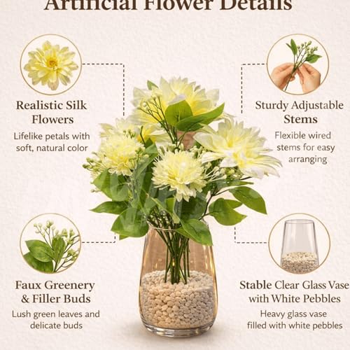 Image of Divyakosh Artificial Flower Bunch, Premium Fabric Multiflora Fake Flowers for Home Decor, Living Room, Bedroom, Wedding, Pooja & Festive Decoration (White, Pack of 1, Without Vase)