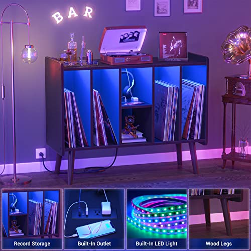 Unikito Record Cabinet With Led Light And Power Outlet, Large Record Player Stand With Storage, Record Player Shelf With Wood Legs, Vinyl Holder Display Turntable Shelf For Bedroom Living Room, Black #TOP3