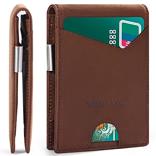 Wallets for Men Slim Mens leather RFID Blocking Minimalist Card Front Pocket Bifold Travel Thin (Brown)