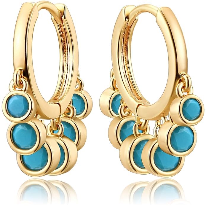 Elegant Round Dot Turquoise Dangle Drop Huggie Hoop Earrings - Cute 14k Gold Plated Multi Drop Hoop Earrings for Women & Girls