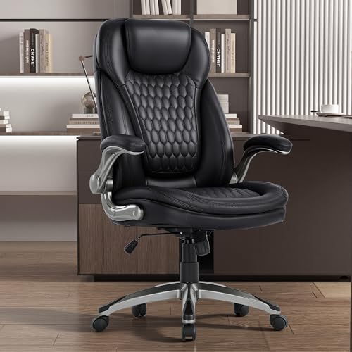 Image of COLAMY Executive Office Chair-Ergonomic Computer Desk Chair, High Back Leather Chair with Padded Flip-up Arms, Swivel Home Office Chair, Black