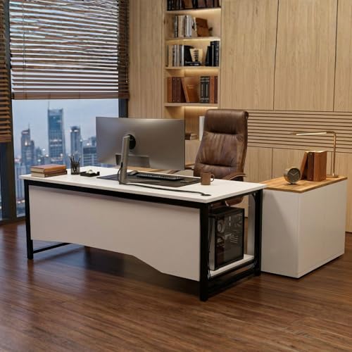 Image of Executive Director Desk | Office Table | Manager Cabin Work Desk with Modesty Panel & Cable Grommet | Sturdy Metal Frame | White Top & Black Base | DIY Installation.