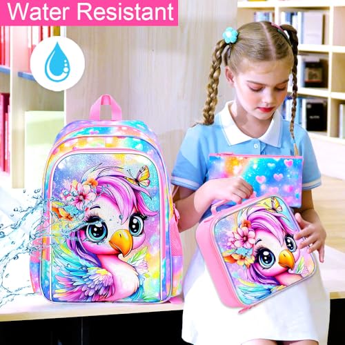 Image of 3Pcs Flamingo Backpack for Girls, 16 inch School Bookbag Set with Lunch Box，Kids Backpacks for Elementary Preschool Kindergarten (Rainbow)