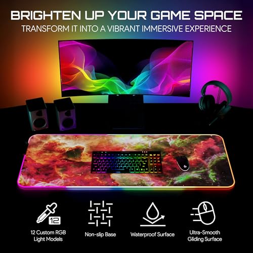 Image of Gerlos RGB Gaming Mouse Pad, Large LED Desk Mat, 31.5 x 11.8 Inch | 12 light modes, non-slip base, water-resistant surface, stitched edges