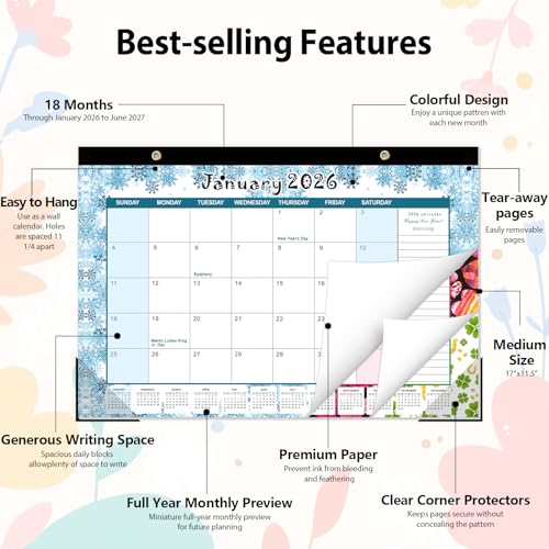 Image of GuassLee Desk Calendar 2026-2027, Desktop Calendar Monthly Pages 17 inch x 11.5 inch Runs from Jan.2026 to Jun. 2027-18 Monthly Hanging Calendar with Corner Protectors for School, Home and Office