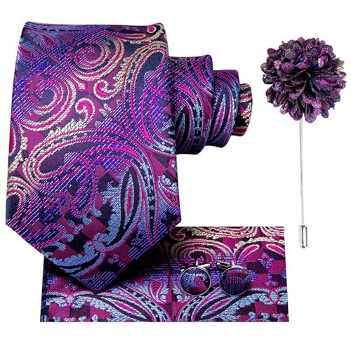 Image of Dubulle Mens Tie and Lapel Pin Paisley Striped Floral Necktie for Men Pocket Square Cufflinks 4PCS Set Wedding Party