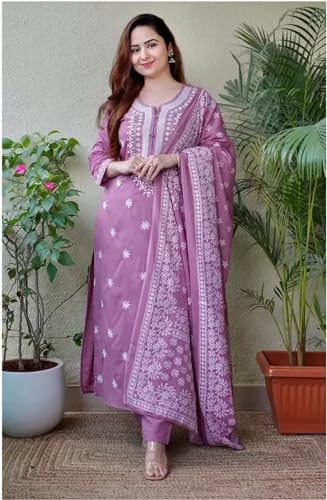 Image of BHARVITA Women's Cotton Embroidered Chikankari Work Straight Kurta Dupatta Pant Set