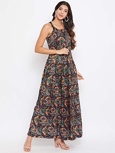 Image of HELLO DESIGN Women Navy Printed Shoulder Straps A-line Maxi Dress
